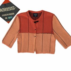Kriss Made in Sweden Crop Cardigan Color Block Patchwork Orange/Tan Vintage Sz M